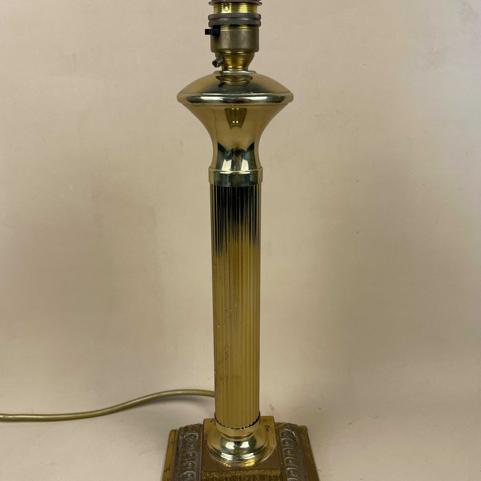 Vintage Metal Gold Brass Lamp Light Bedside Table Ornate Column Desk Antique Small Square Base Detail Medium photo Lighting