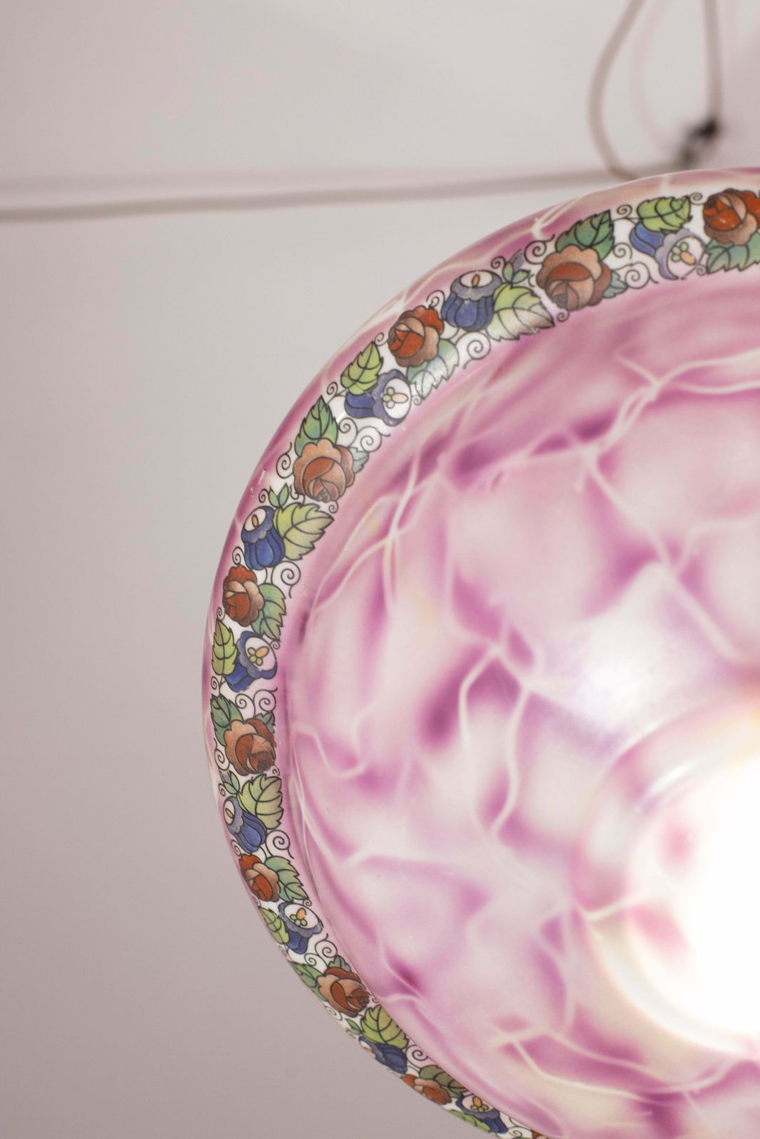 photo for sale Vintage Italian Pink Ceramic Chandelier With Designed Floral Decoration 1970s