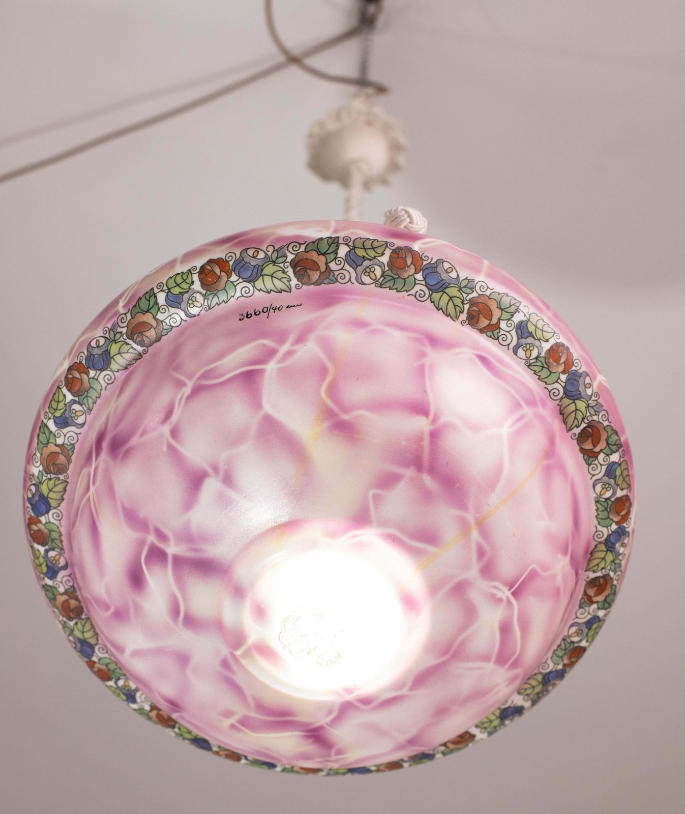 Lighting Vintage Italian Pink Ceramic Chandelier With Designed Floral Decoration 1970s photo