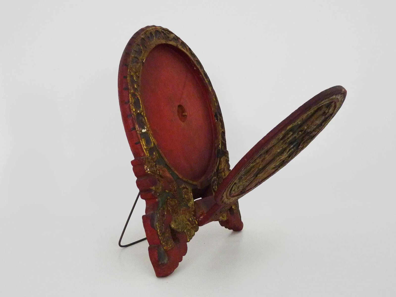 Chinese Psyche Mirror In Hand Carved Wood, Gilded And Lacquered In Red. Early To Mid 20th Century photo 633.0