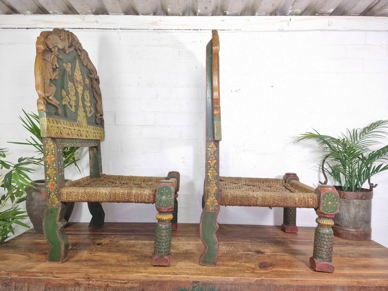 photo furniture Rare Pair Vintage Antique Indian Low Woven Carved Wooden Pidha Seats Chairs