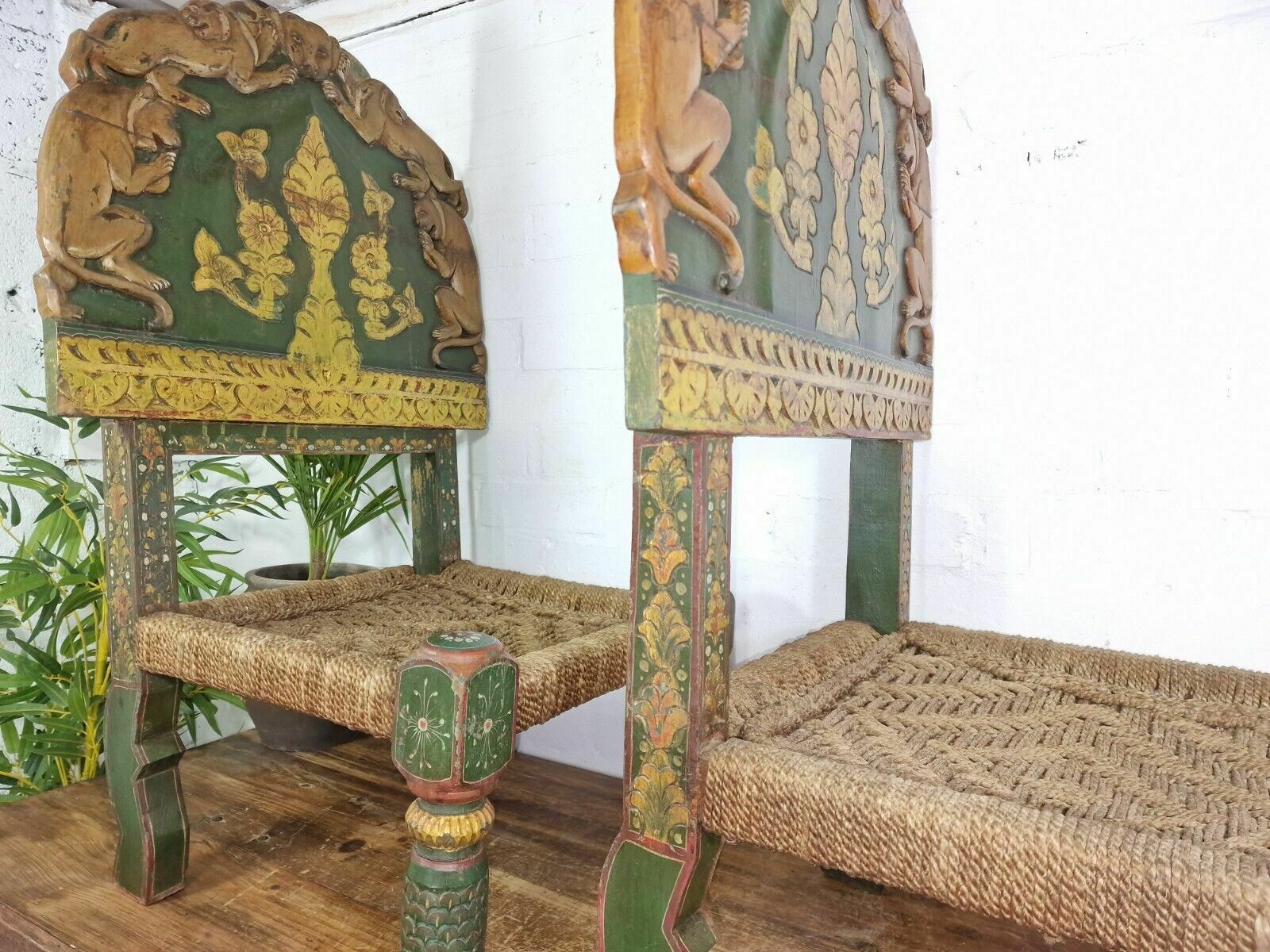 photo for sale Rare Pair Vintage Antique Indian Low Woven Carved Wooden Pidha Seats Chairs
