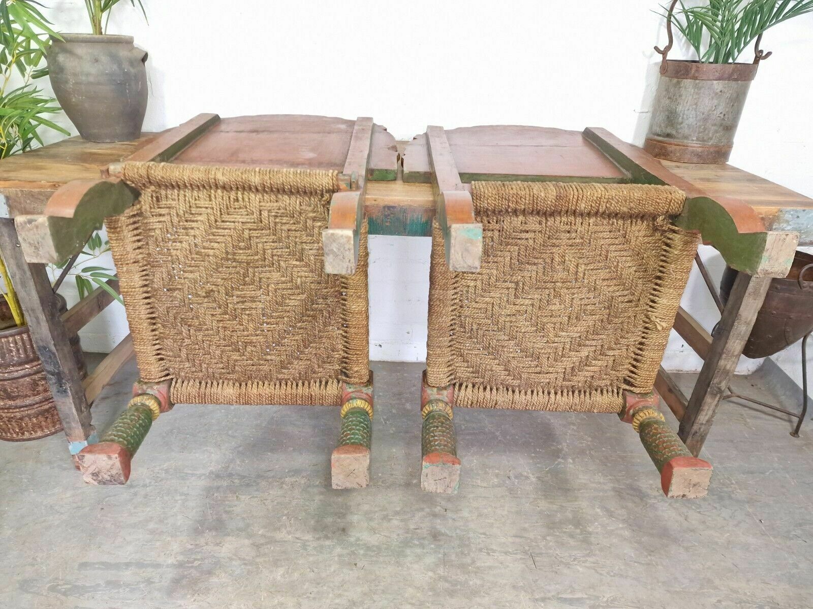 Furniture Rare Pair Vintage Antique Indian Low Woven Carved Wooden Pidha Seats Chairs photo