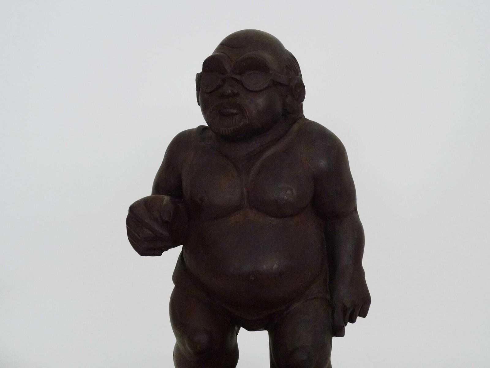 Grotesque Exotic Wood Sculpture Of A Man With Sunglasses And Flip Flops. 80s. Botero Style photo for sale