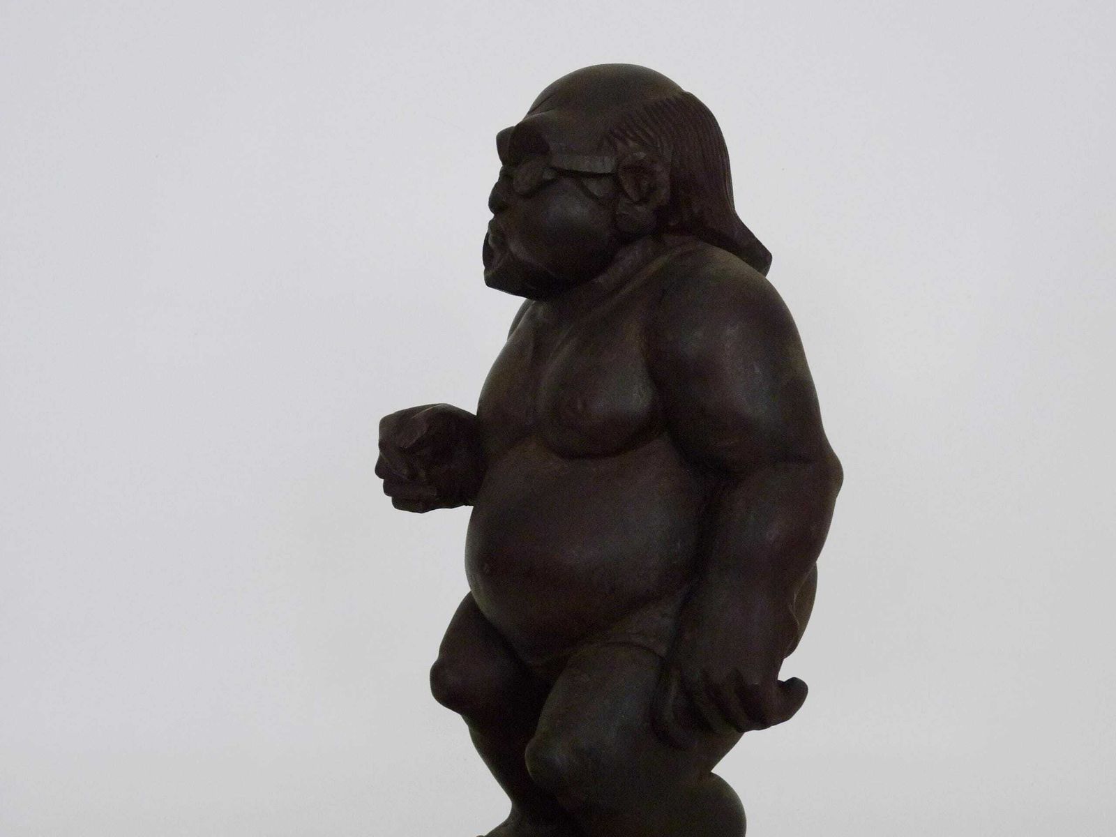 Grotesque Exotic Wood Sculpture Of A Man With Sunglasses And Flip Flops. 80s. Botero Style photo 177.0