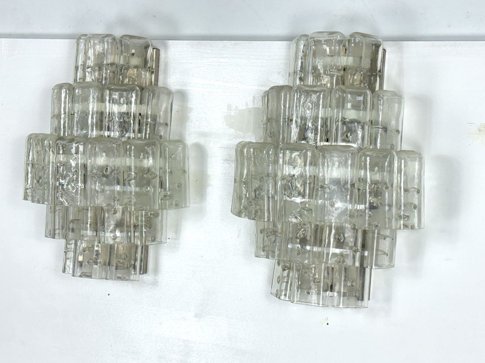 Vistosi Manner, Pair Of Xl Clear Murano Glass Elements Sconces. Italy 1970s photo for sale