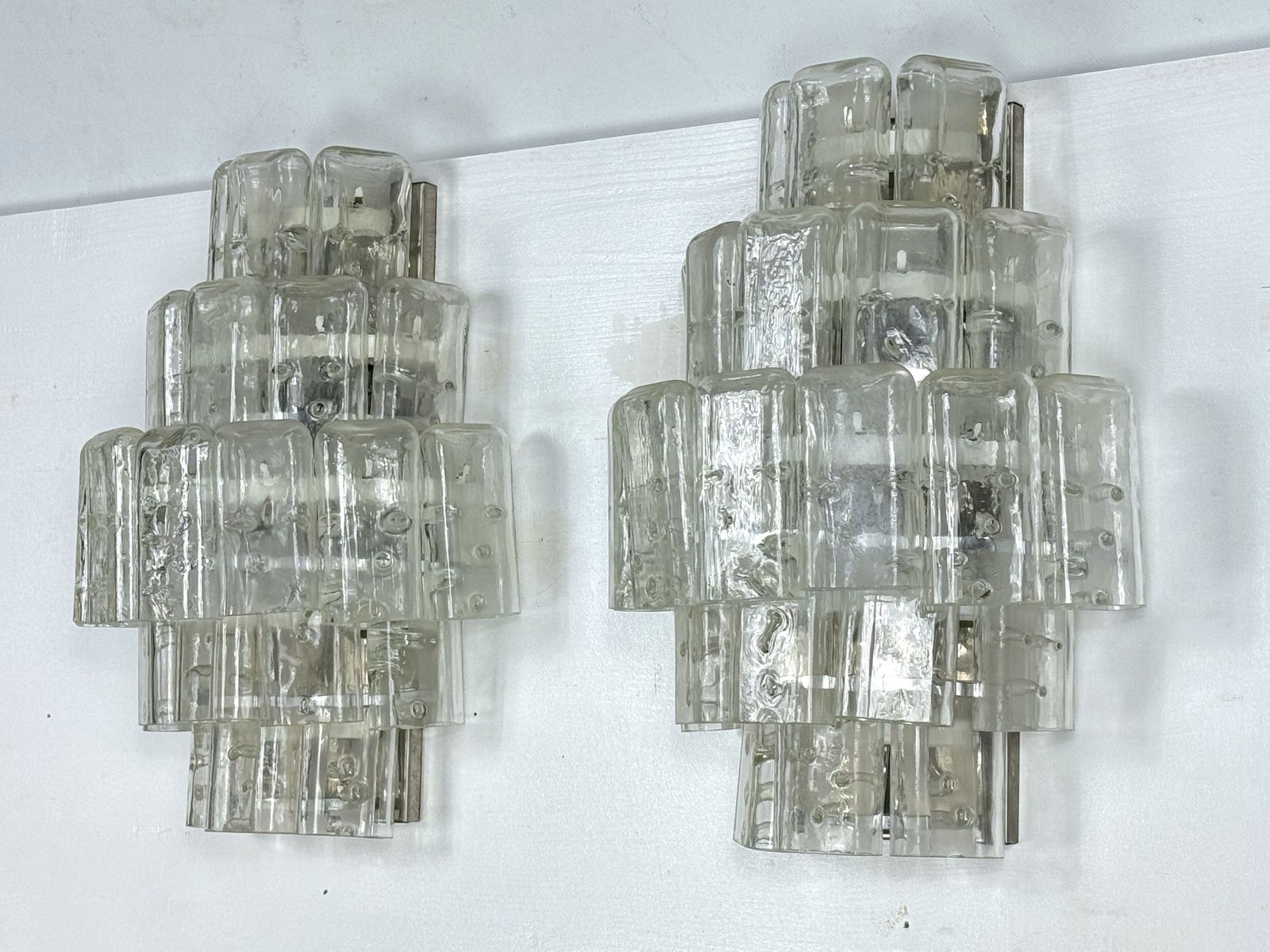 2860.0 Vistosi Manner, Pair Of Xl Clear Murano Glass Elements Sconces. Italy 1970s photo