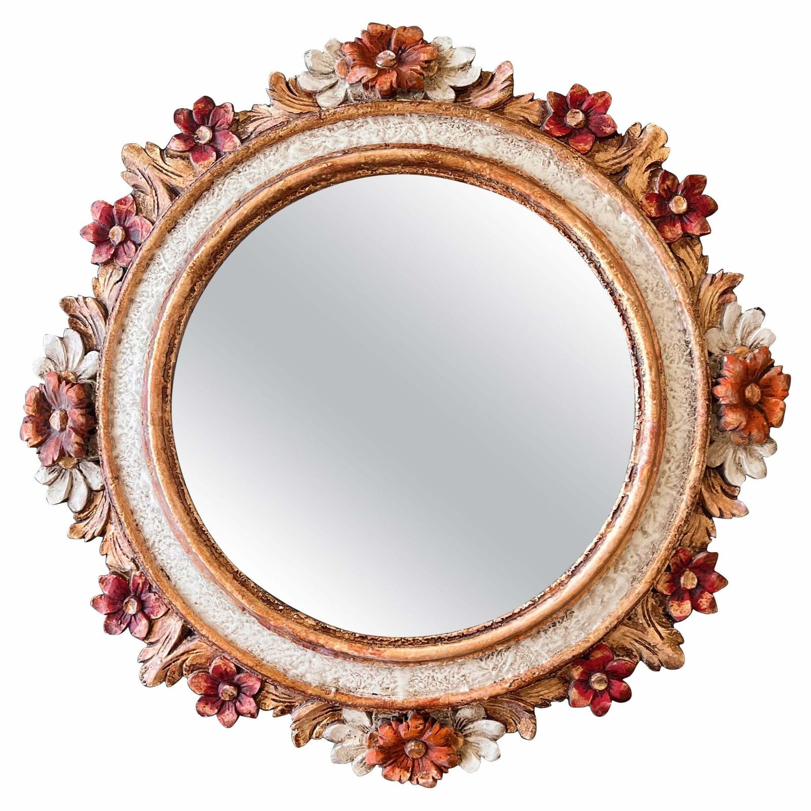Miroir mural français en bois polychrome à fleurs en relief, années 1960