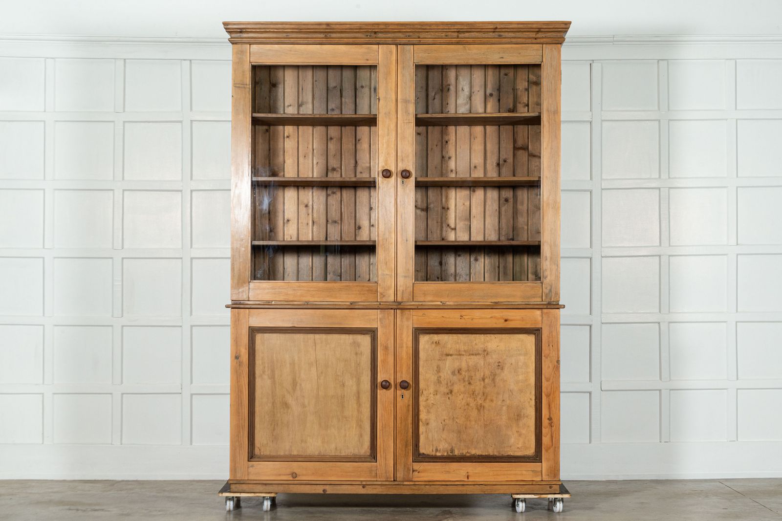 Large 19thc English Pine Glazed Housekeepers / Bookcase