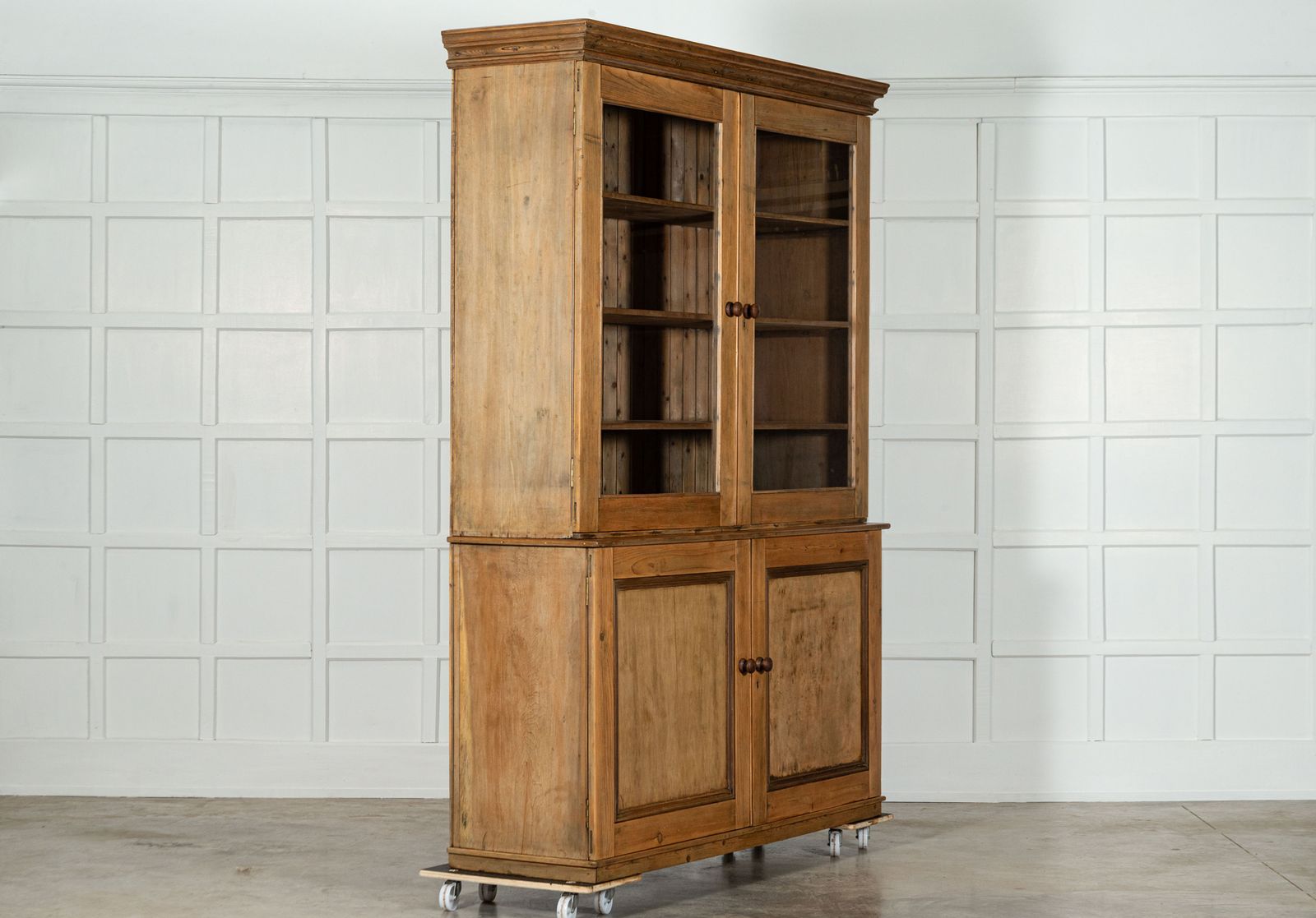 Large 19thc English Pine Glazed Housekeepers / Bookcase photo for sale