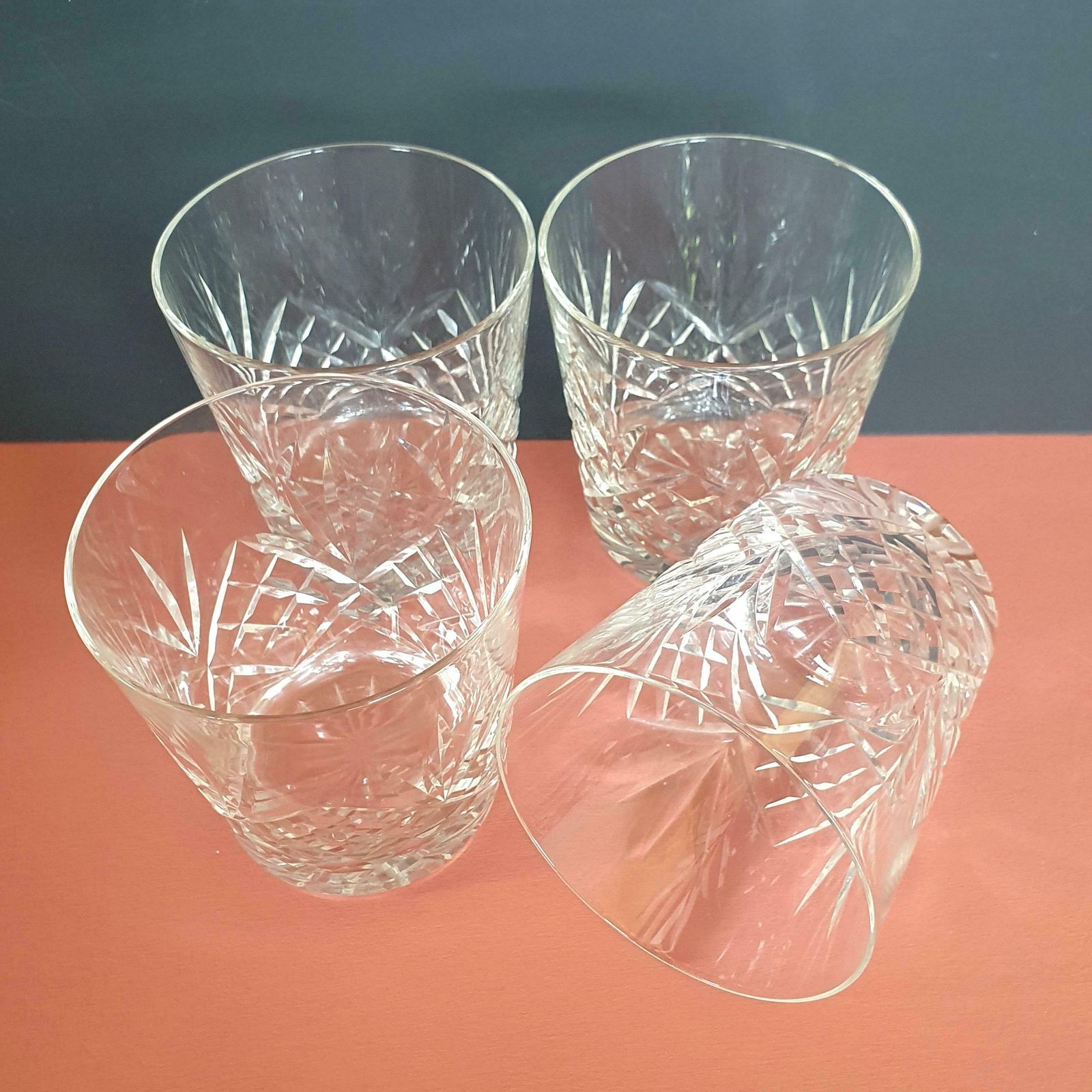 A Fine Set Of 4 Vintage Hand Cut Crystal Large Double Old Fashioned Glasses In Braemar Cut, C.200ml, 1980s photo furniture