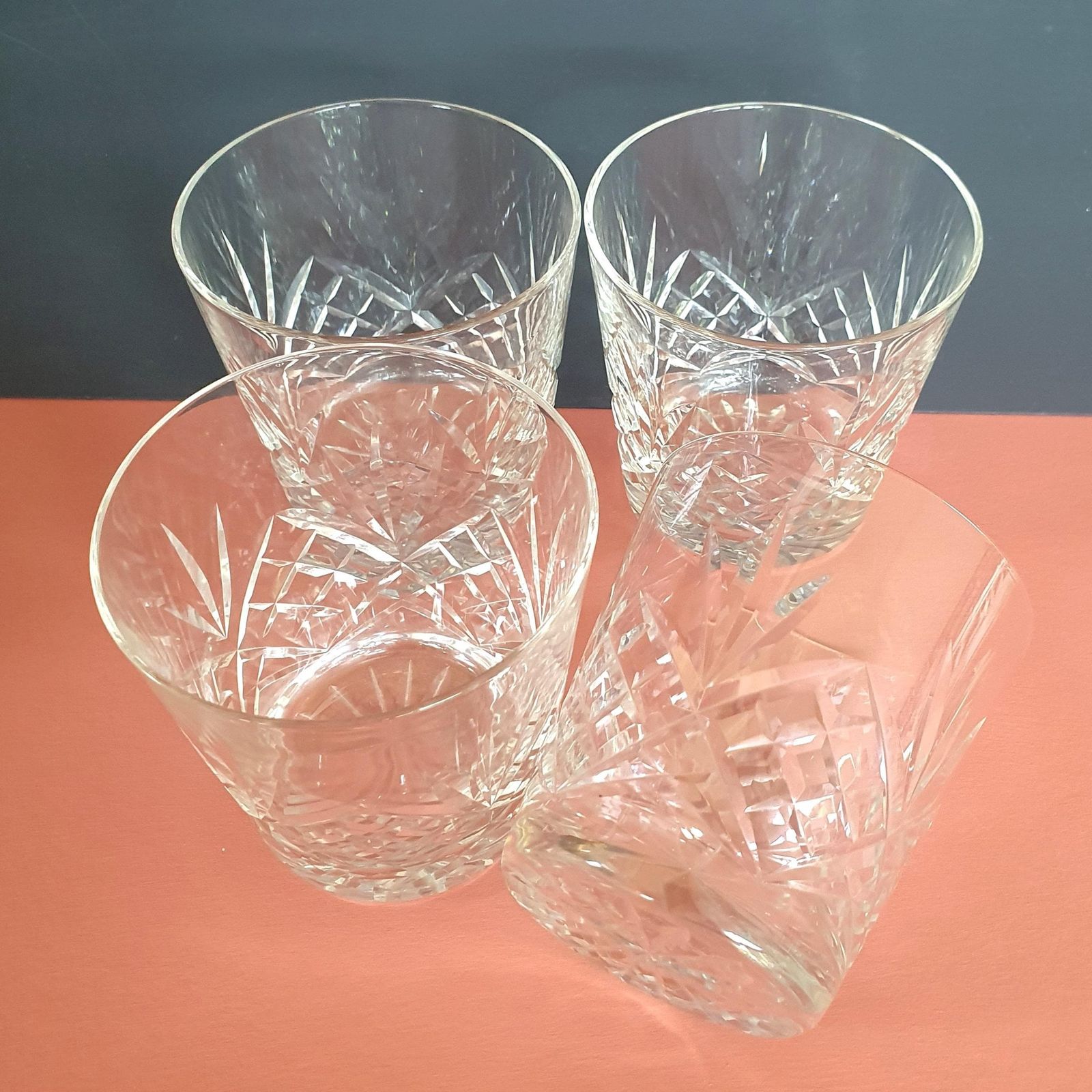 A Fine Set Of 4 Vintage Hand Cut Crystal Large Double Old Fashioned Glasses In Braemar Cut, C.200ml, 1980s photo Home Decor