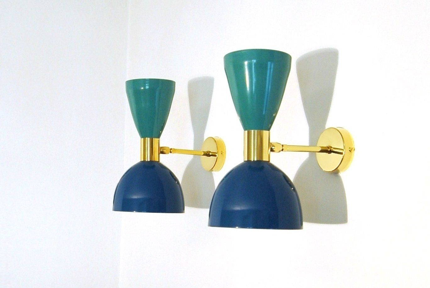 Pair Of Wall Lamp Art. A 022   Metal / Brass   Green & Blue