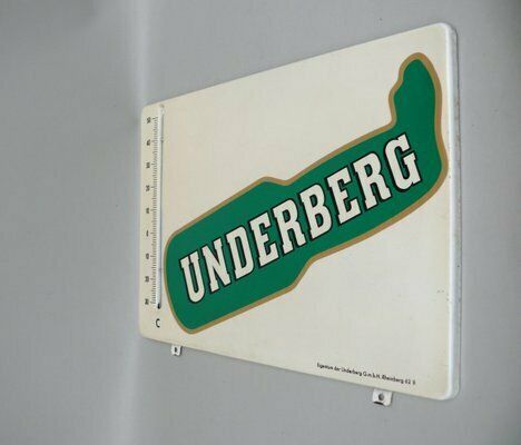Tin Sign, Advertising Sign “Underberg” With Thermometer, 1950s, Folded Sheet Metal, Painted photo for sale