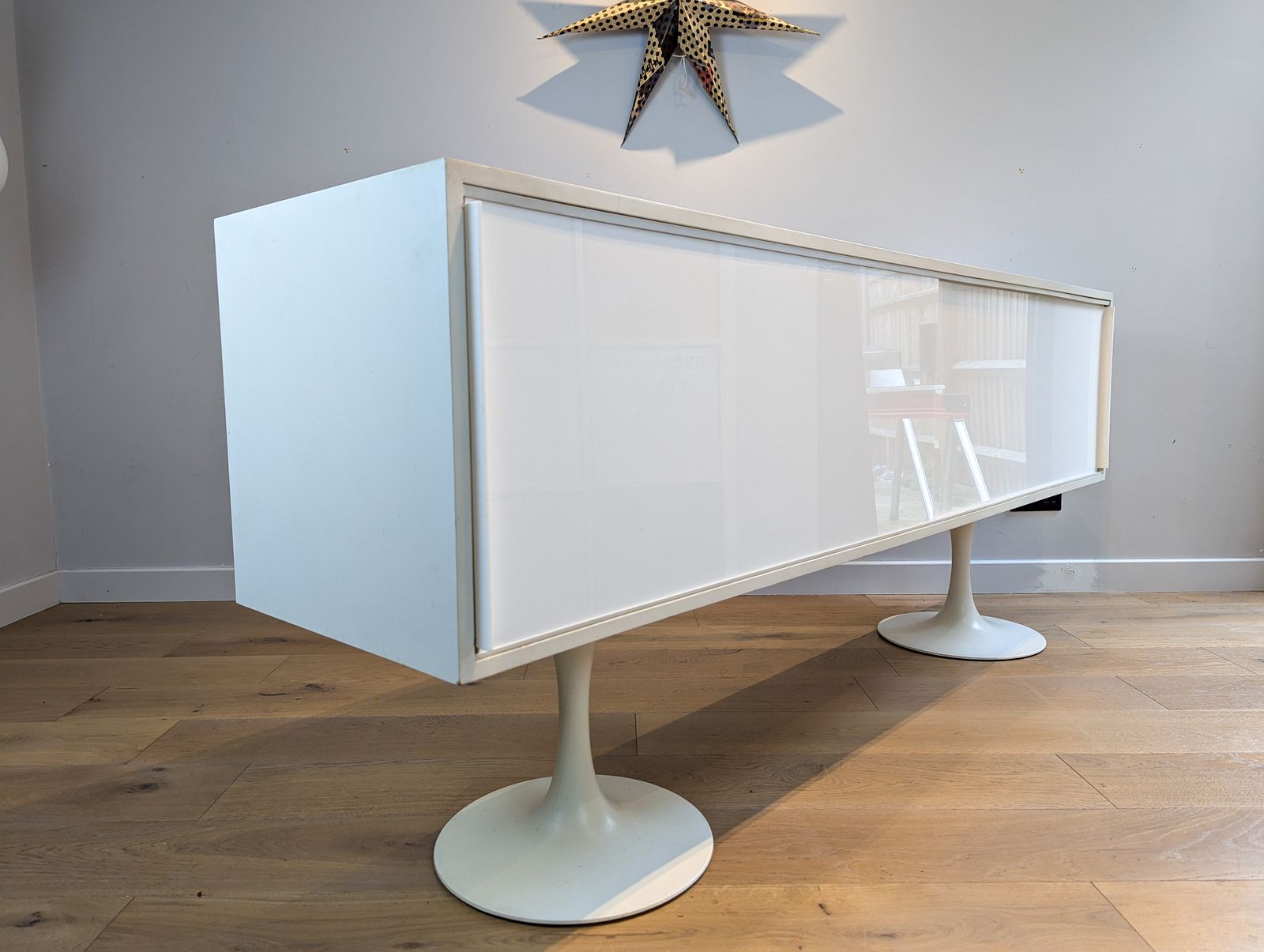 A Mid Centutry Space Age Sideboard With White Sliding Doors   Arkana Era photo Furniture