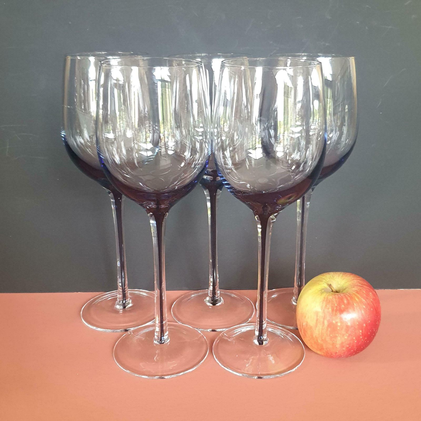 A Set Of 5 Vintage Large 250ml Smoked Blue Grey Wine Glasses By Broste, Copenhagen, Early 2000s