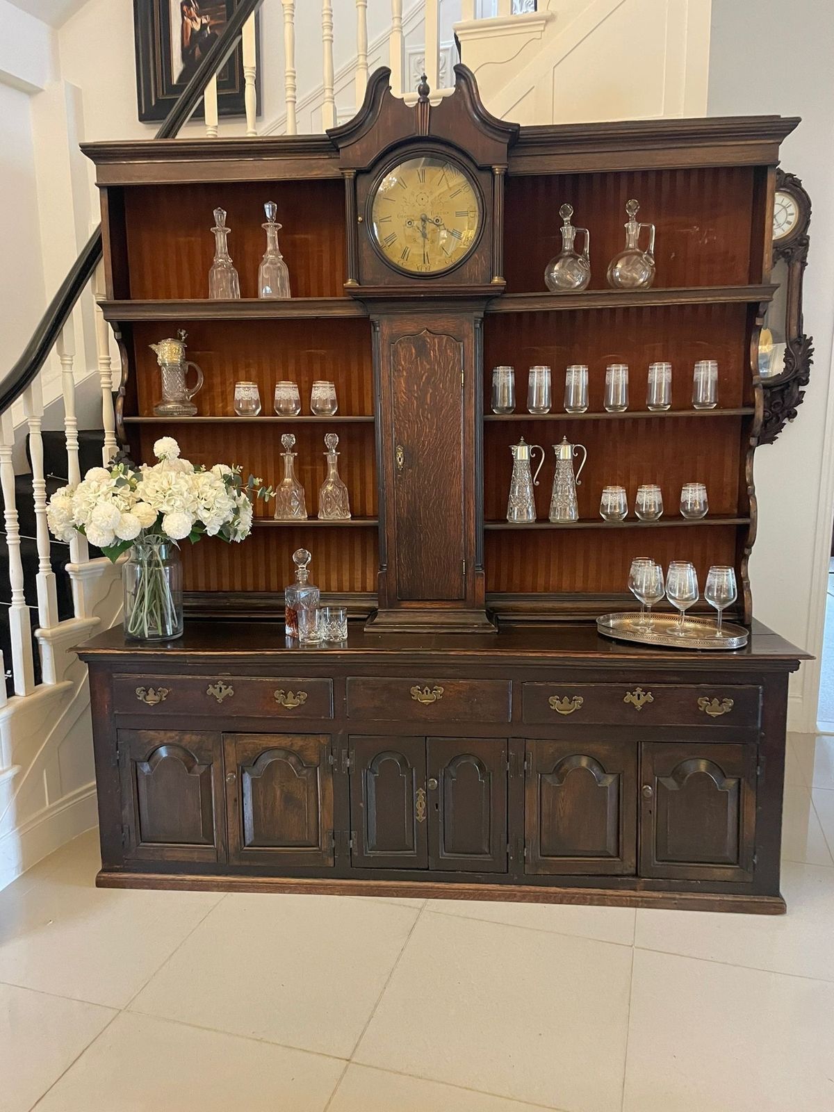Rare 18th Century Large Antique Quality Oak Dresser With Rack And Longcase Clock photo for sale