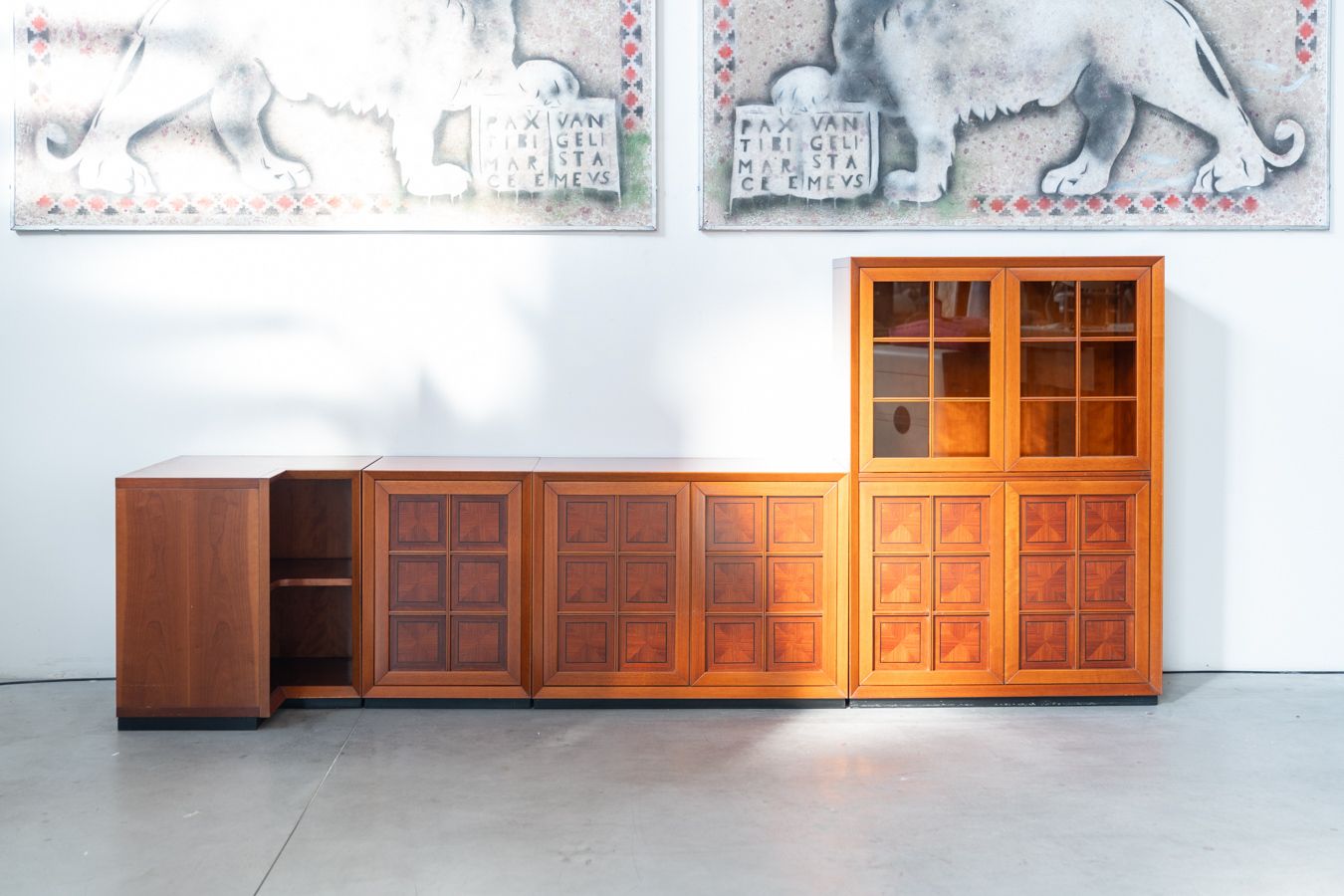 1970s Modular Corner Cabinet In Cherrywood With Glass And Carved Doors – "Fox Hunt" Design