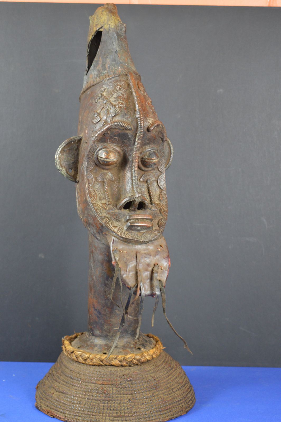 Large (58cm) Early 20th Century African Yoruba Tribal Bronze Bust, Woven Base, C1920.