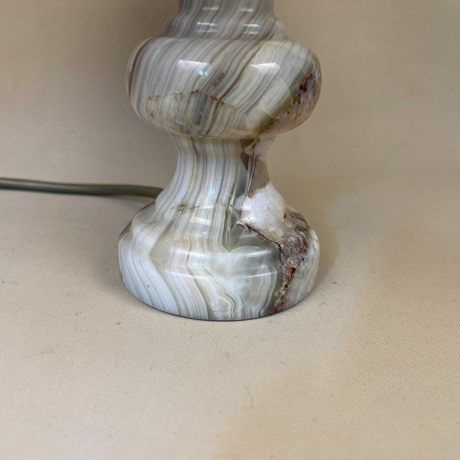 Marble Lamp Light Bedside Side Table Desk Round Base Marbled Patterned Detail Vintage Pattern White Stone Pillar Lampshade Antique photo for sale