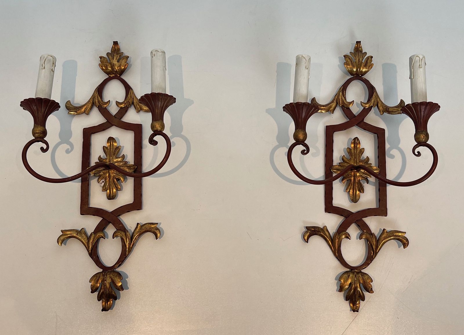 Pair Of Wrought Iron And Patinated Wood Wall Lights With Golden Acanthus Leaves