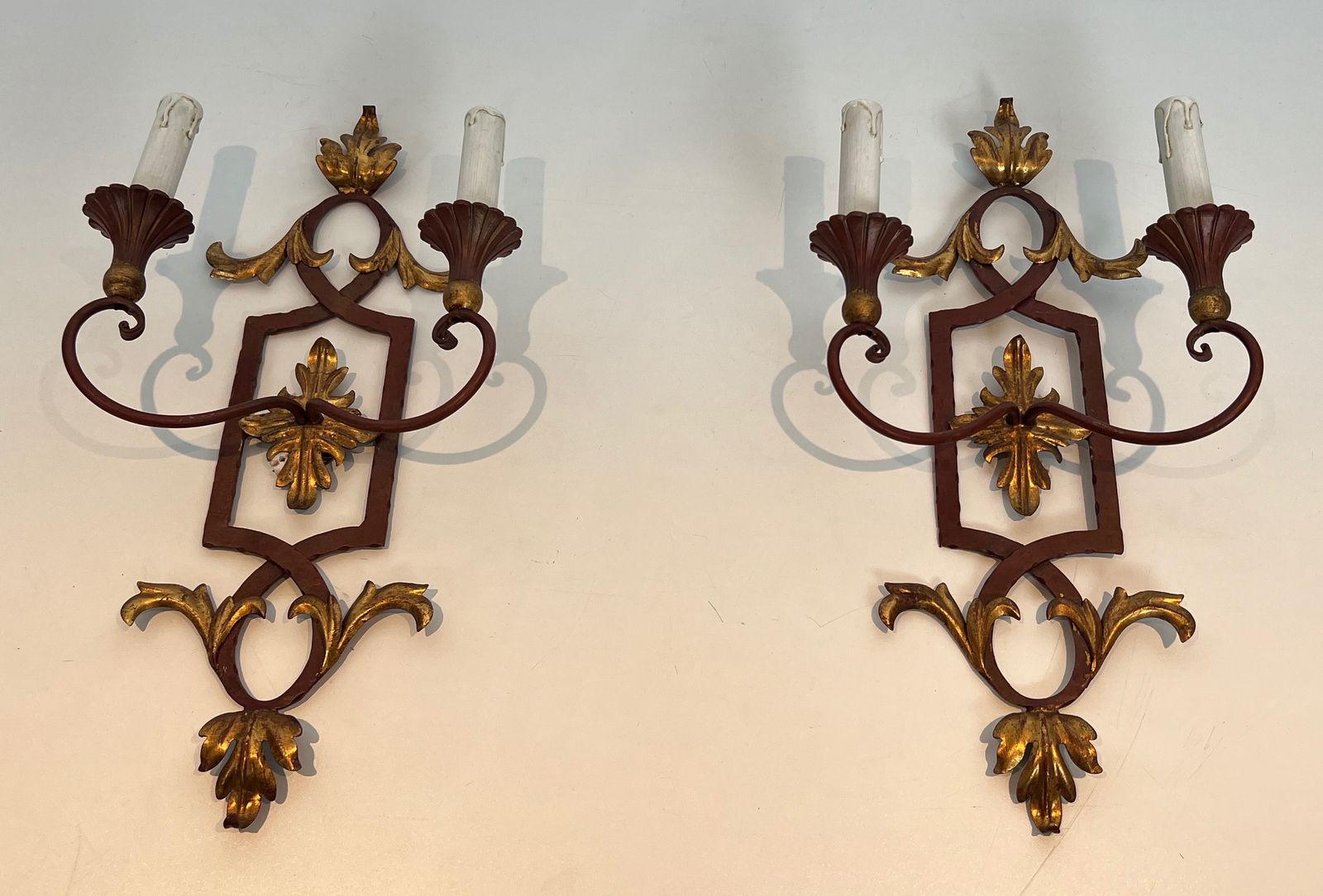Pair Of Wrought Iron And Patinated Wood Wall Lights With Golden Acanthus Leaves photo furniture