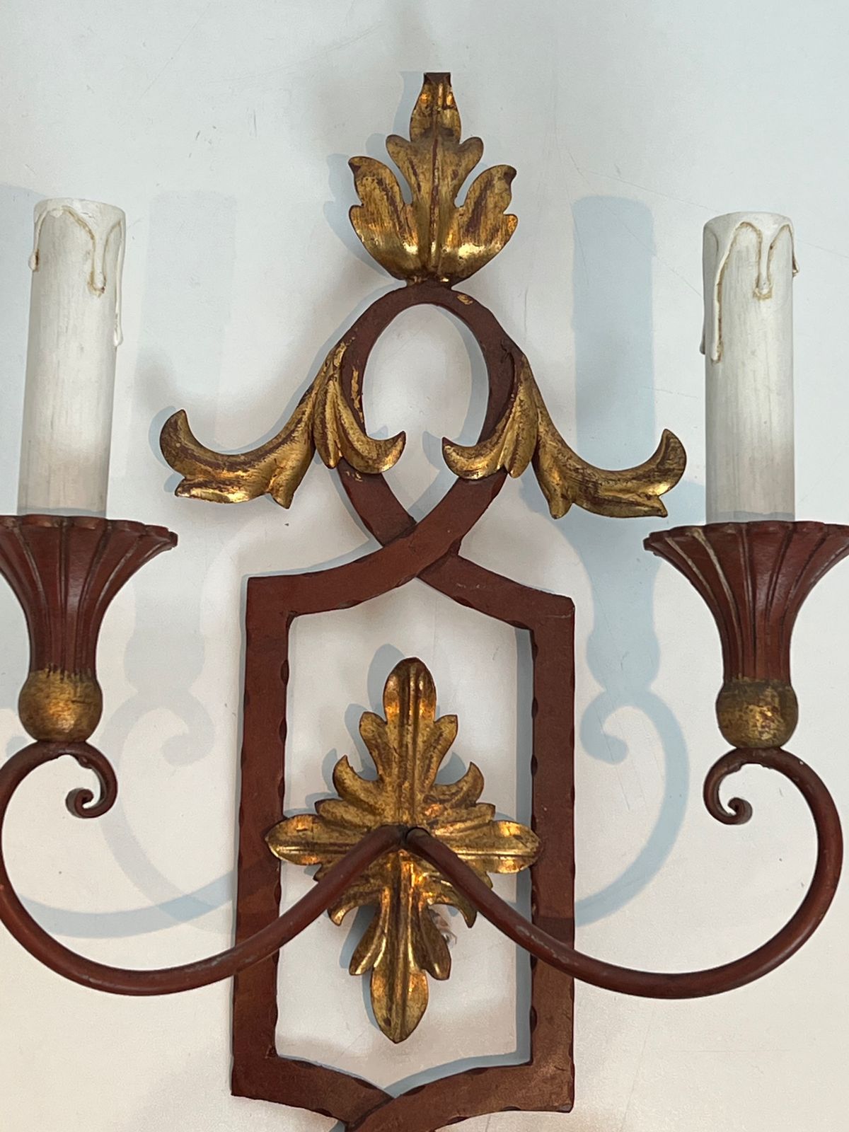 Pair Of Wrought Iron And Patinated Wood Wall Lights With Golden Acanthus Leaves photo buy