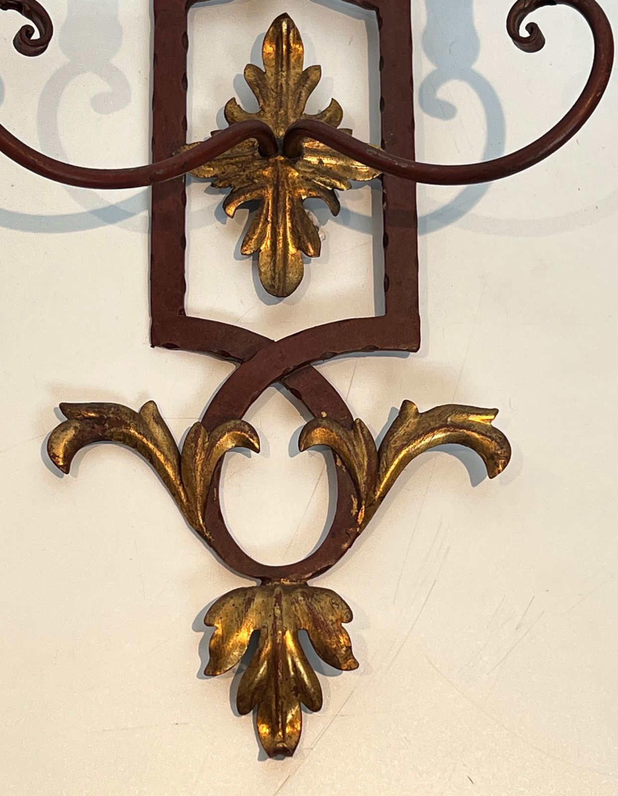 photo for sale Pair Of Wrought Iron And Patinated Wood Wall Lights With Golden Acanthus Leaves