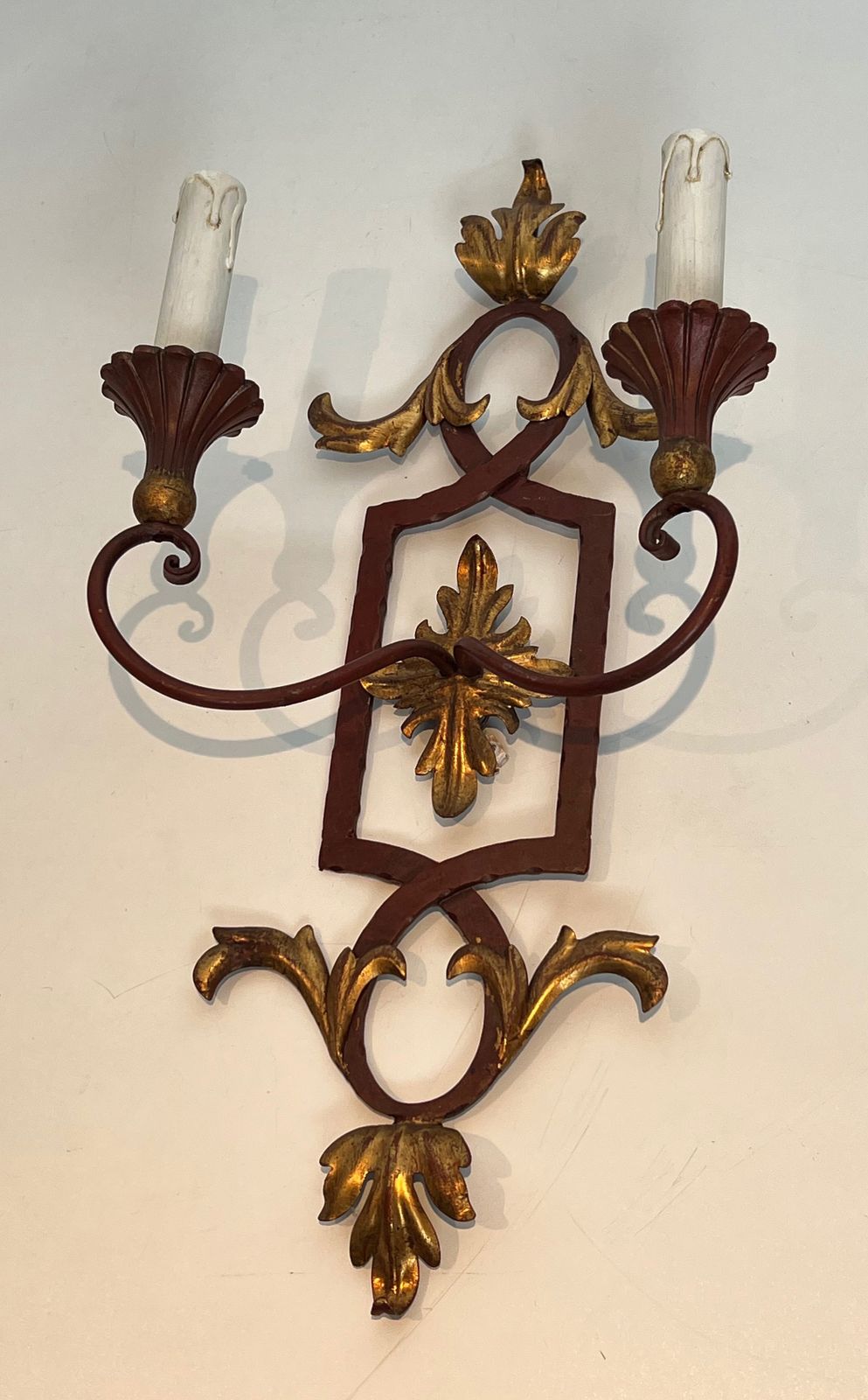 photo buy Pair Of Wrought Iron And Patinated Wood Wall Lights With Golden Acanthus Leaves