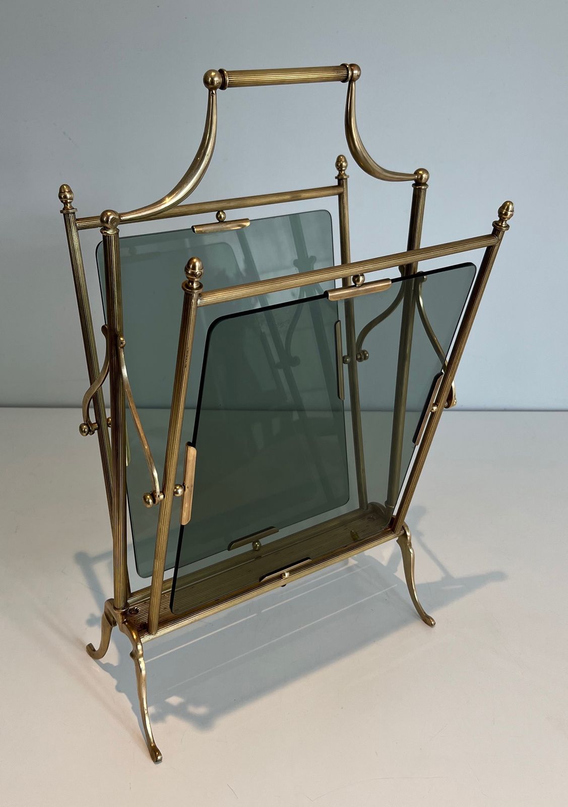 photo vinterior Brass And Blue Glass Magazine Rack From Maison Jansen