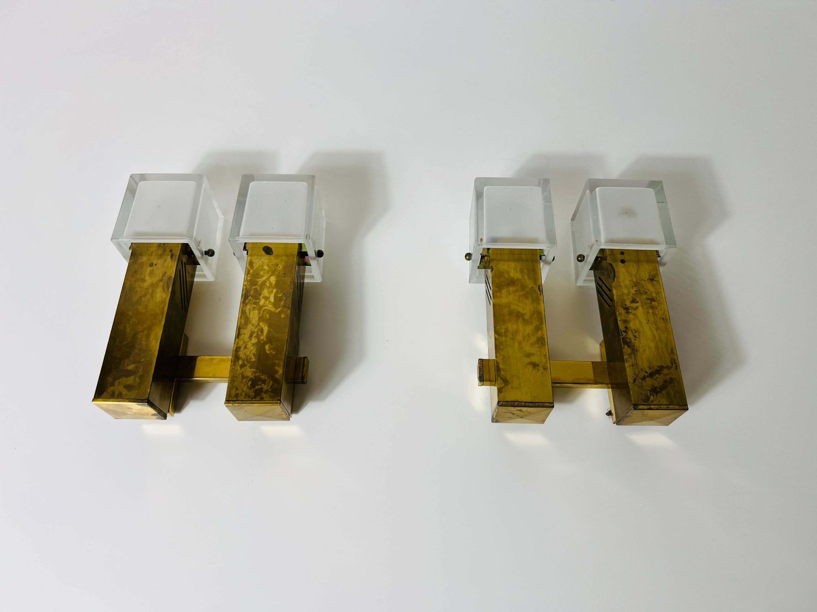 Pair Of Mid Century Brass And Ice Glass Wall Lamps, Italy, 1960s photo furniture