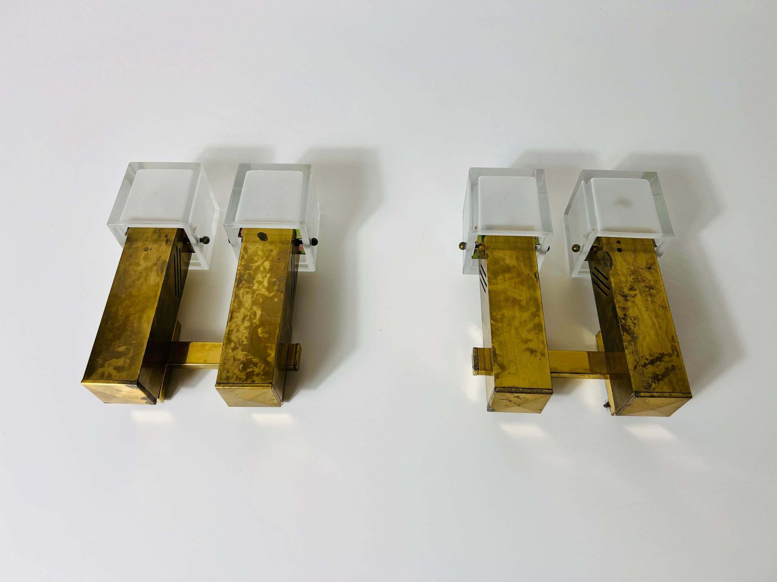 Pair Of Mid Century Brass And Ice Glass Wall Lamps, Italy, 1960s photo for sale