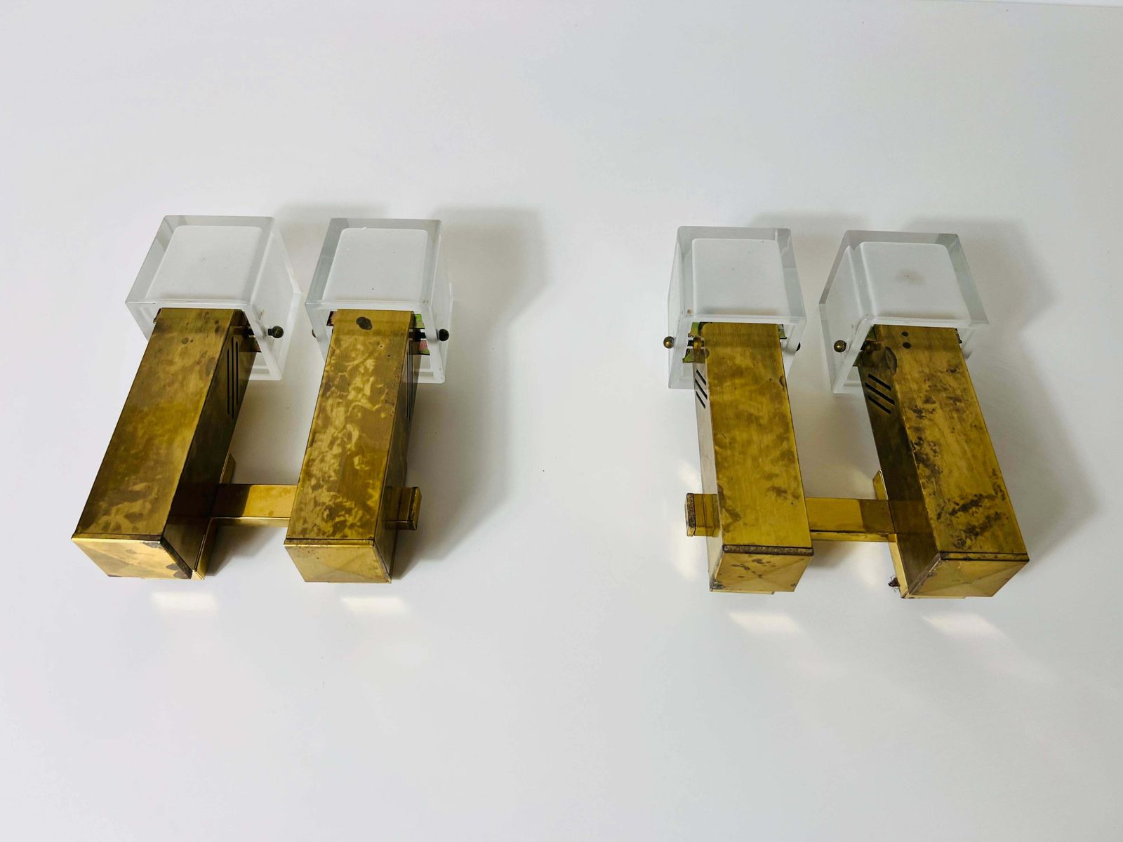 Pair Of Mid Century Brass And Ice Glass Wall Lamps, Italy, 1960s photo Lighting