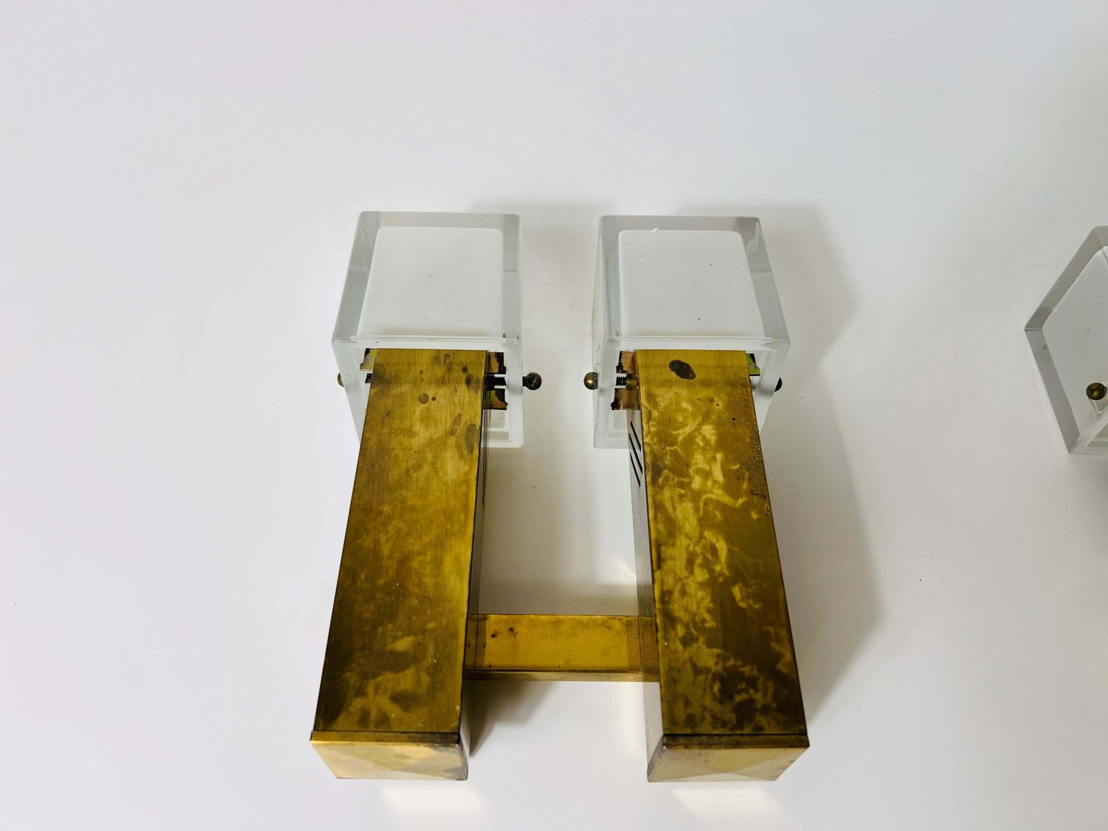 Pair Of Mid Century Brass And Ice Glass Wall Lamps, Italy, 1960s photo vinterior