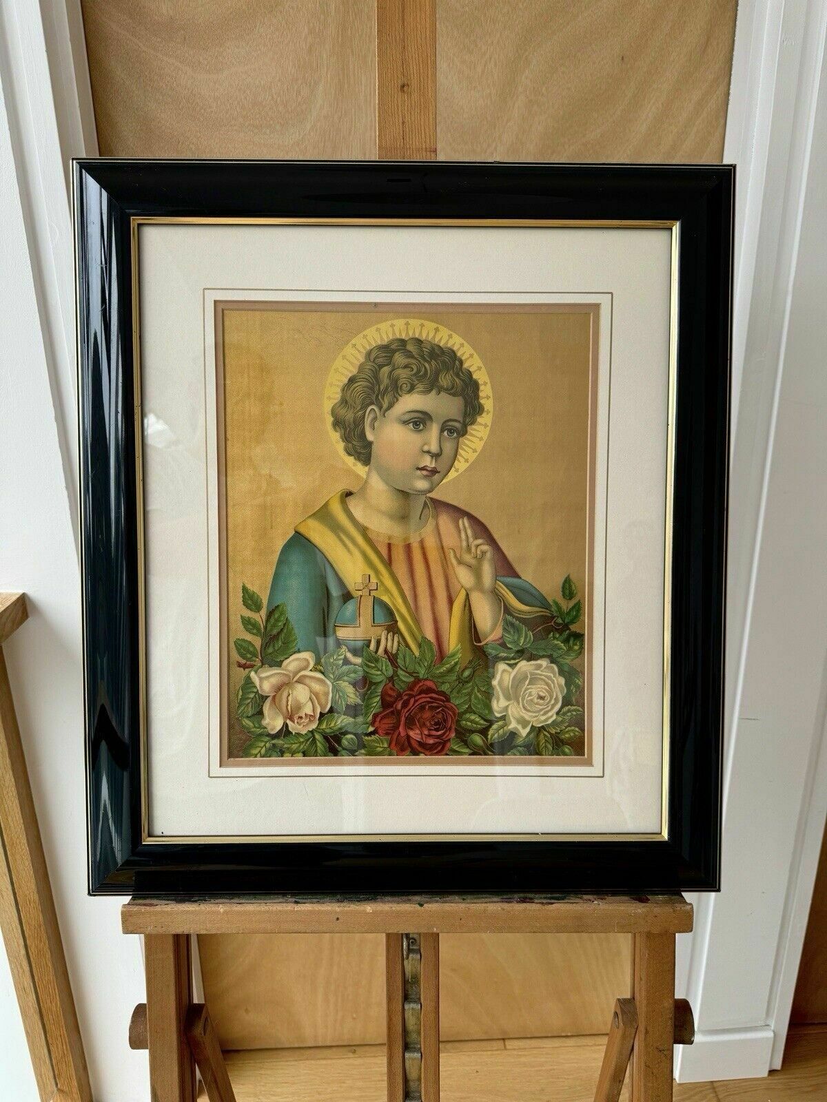 Antique German Chromolithograph The Savior Of The World 1860 Framed photo Art