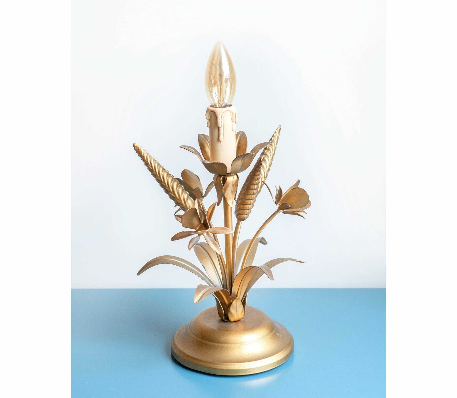 Italian Gilt Metal Table Lamp, Floral Golden Desk Lamp, Hollywood Regency, Ls Italy, 1970s Design, Wheat Bundle Lamp