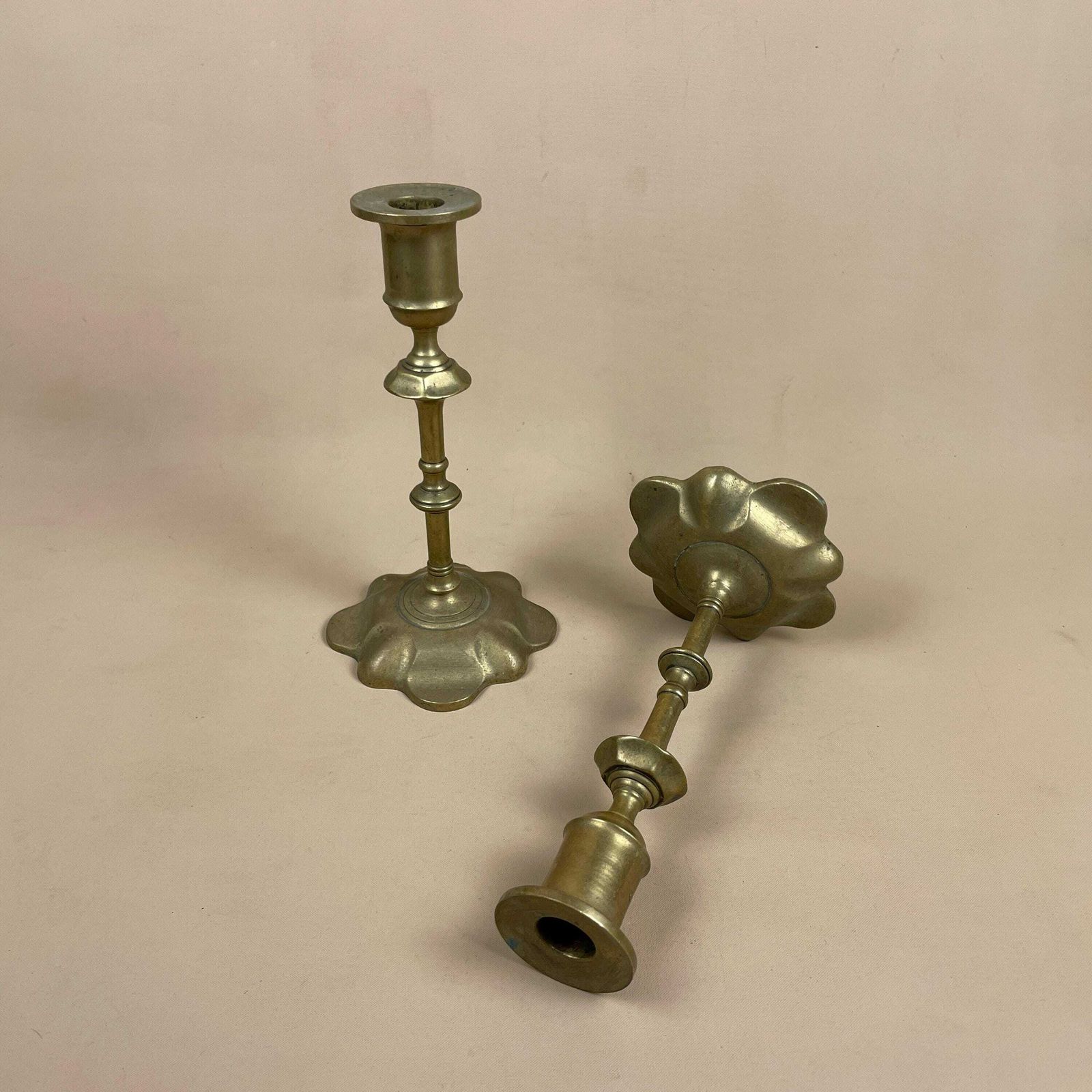 Antique Matching Pair Of Gold Brass Metal Candlestick Candle Stick Vintage Column Taper Dinner Candlesticks Scallop Base Column Pillar photo furniture