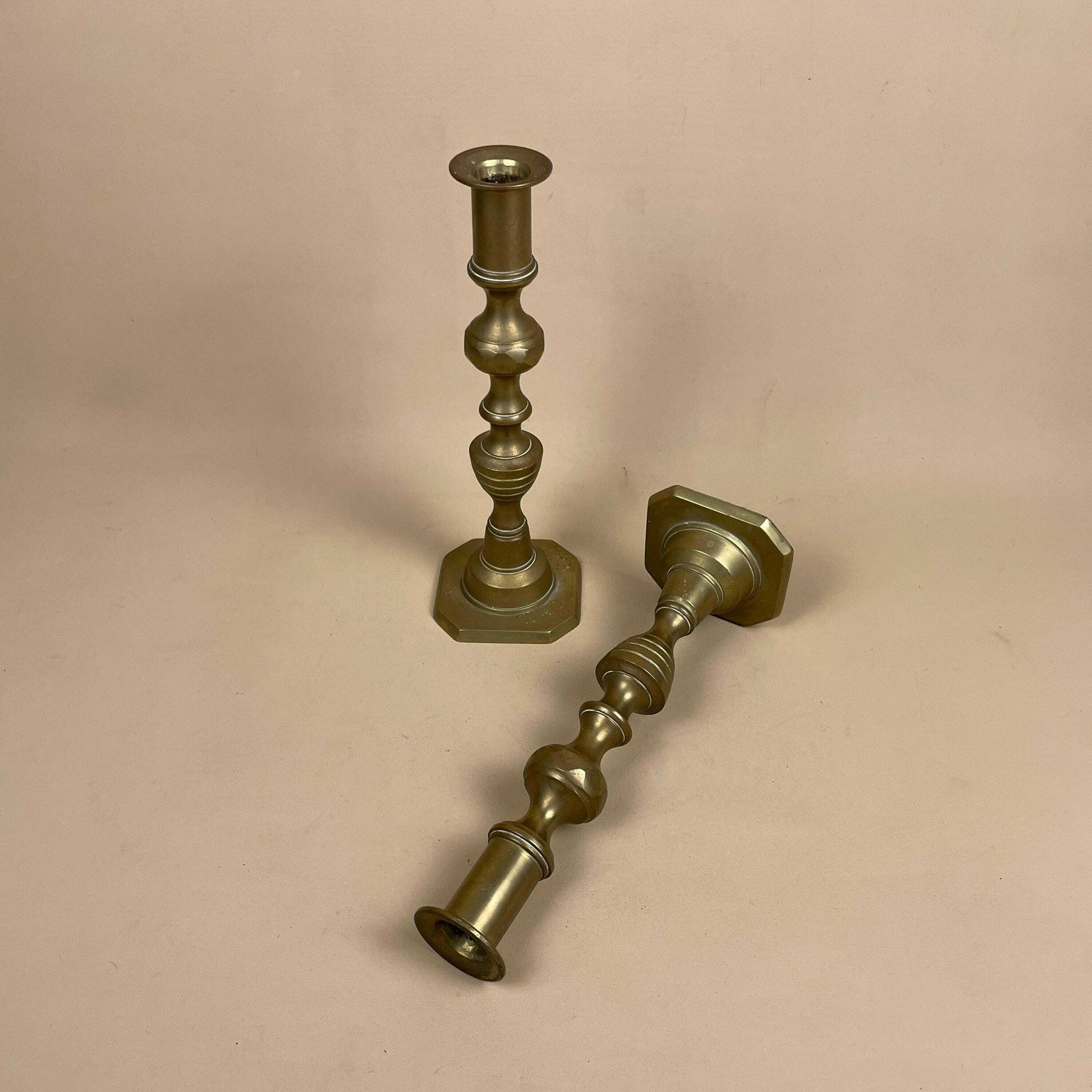 Antique Matching Pair Of Gold Brass Metal Candlestick Candle Stick Vintage Column Taper Dinner Candlesticks Column Pillar Set England photo furniture