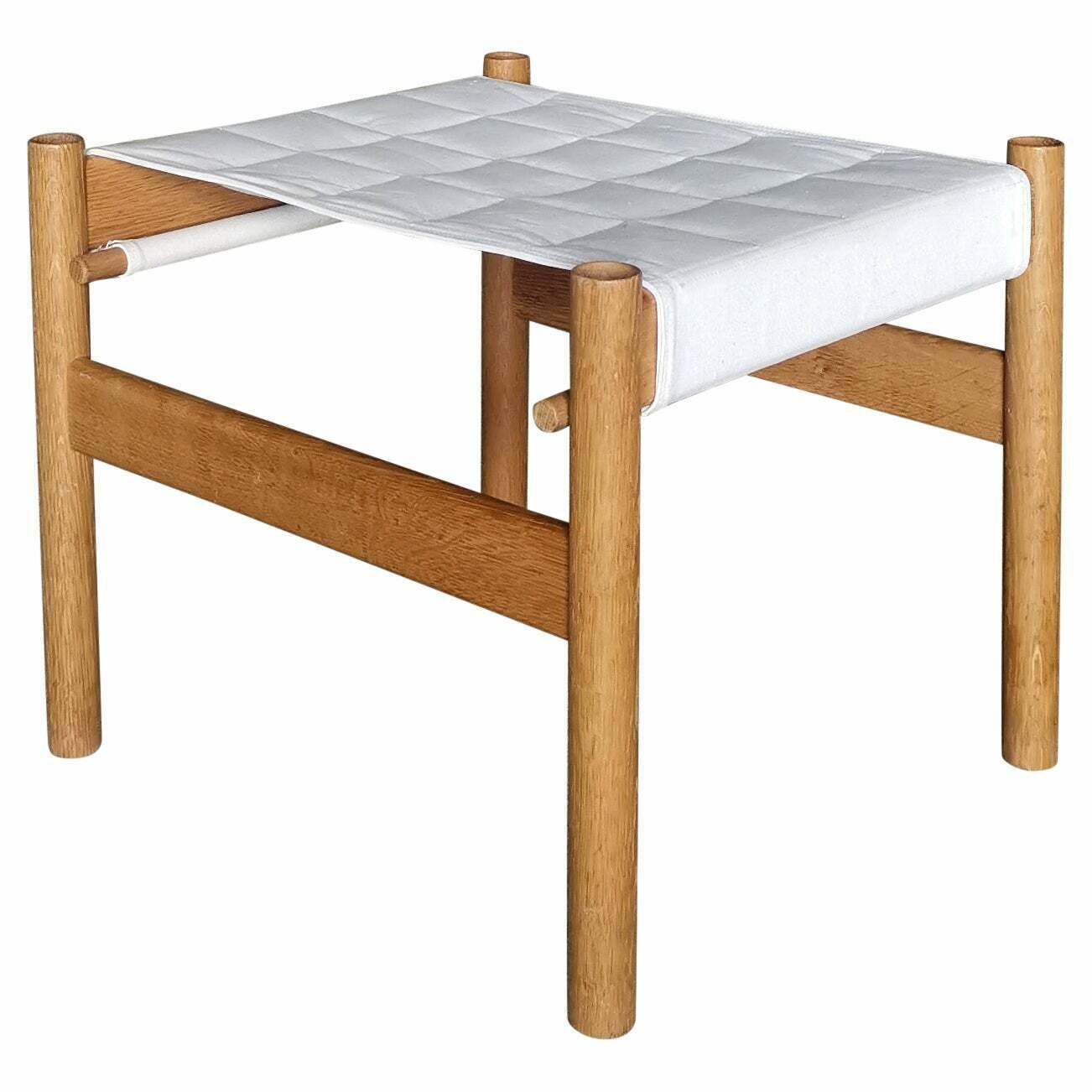 Early Danish Hans Bølling Oak Stool Quilted Canvas Seat, For Torben ørskov 1960s