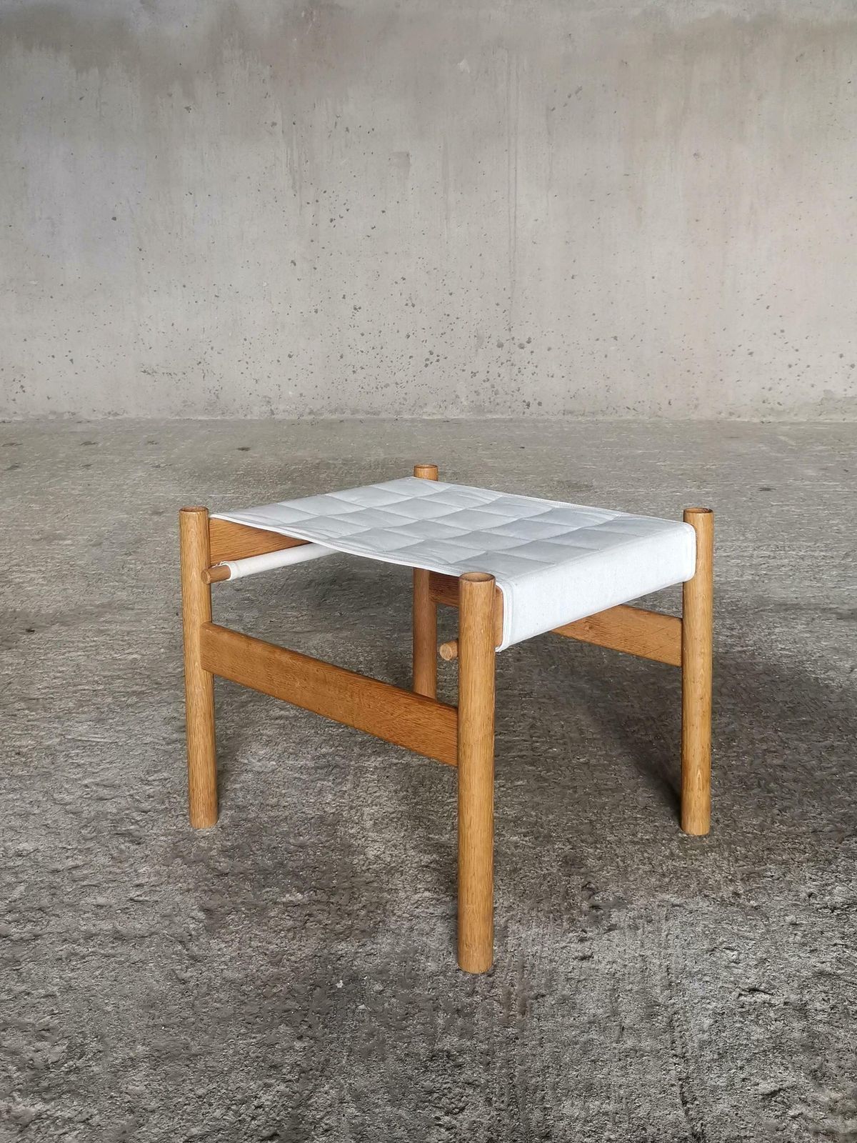 photo for sale Early Danish Hans Bølling Oak Stool Quilted Canvas Seat, For Torben ørskov 1960s