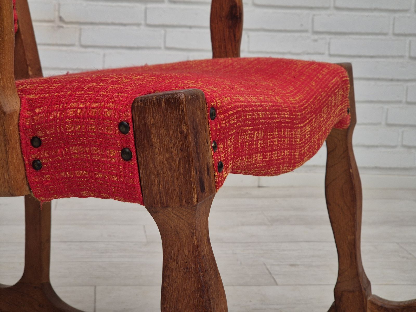1960s, Danish Rocking Chair, Original Good Condition, Solid Oak Wood, Furniture Wool Fabric. photo for sale