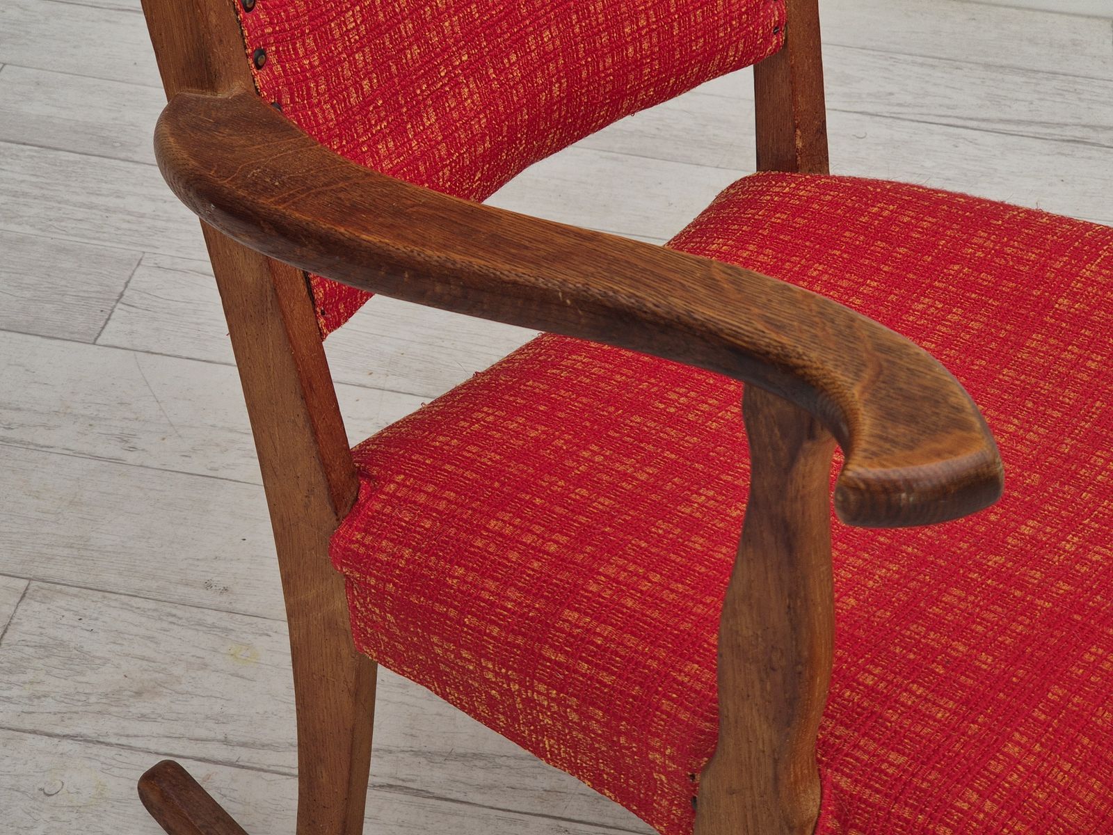 1960s, Danish Rocking Chair, Original Good Condition, Solid Oak Wood, Furniture Wool Fabric. photo 940.0