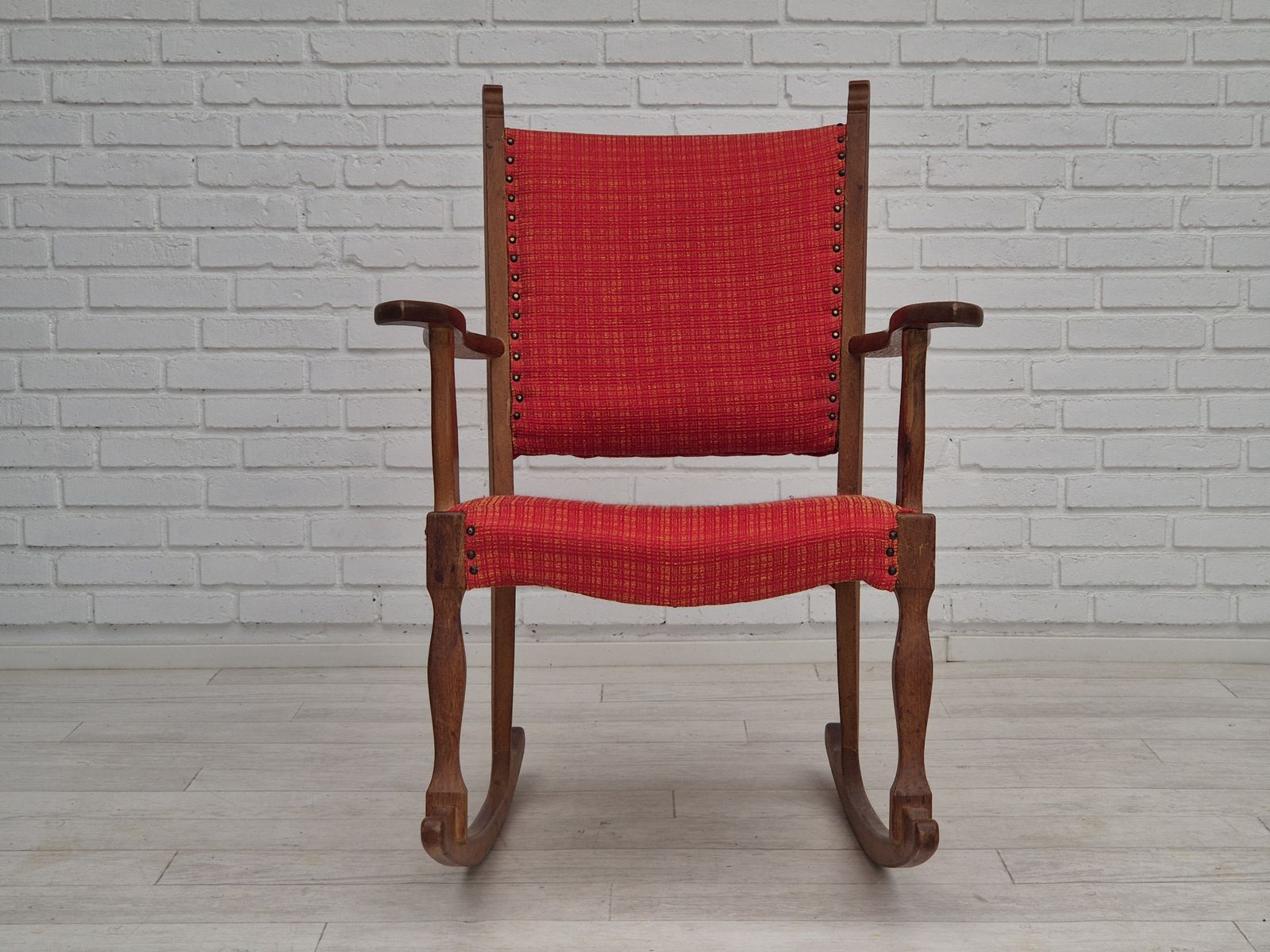 Furniture 1960s, Danish Rocking Chair, Original Good Condition, Solid Oak Wood, Furniture Wool Fabric. photo
