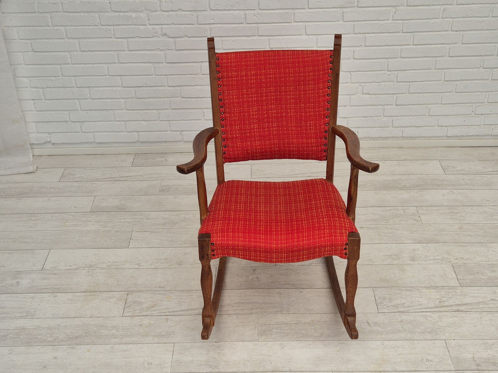940.0 1960s, Danish Rocking Chair, Original Good Condition, Solid Oak Wood, Furniture Wool Fabric. photo