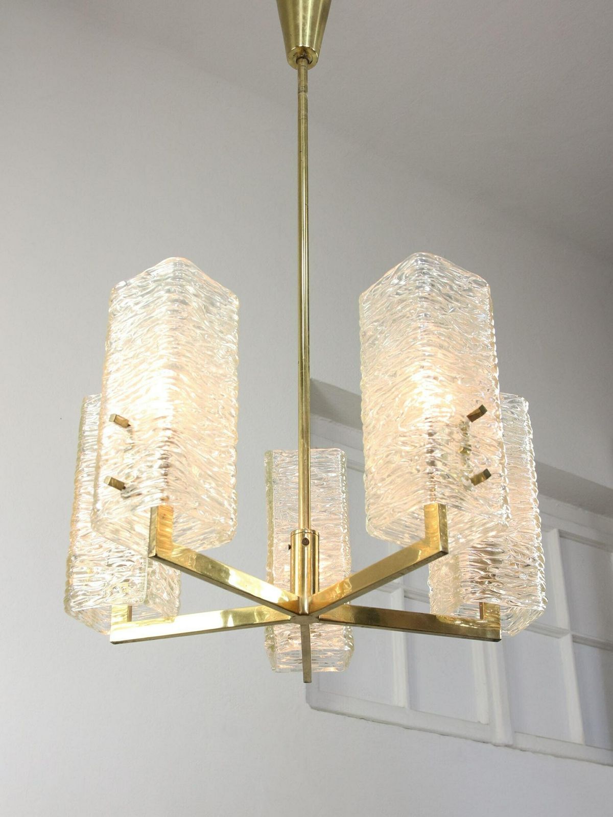 Vintage Chandelier By J.T. Kalmar / Vienna 1960s / Frosted Glass Blocks And Brass Base / Mid Century Pendant Light / Rare Home Lighting