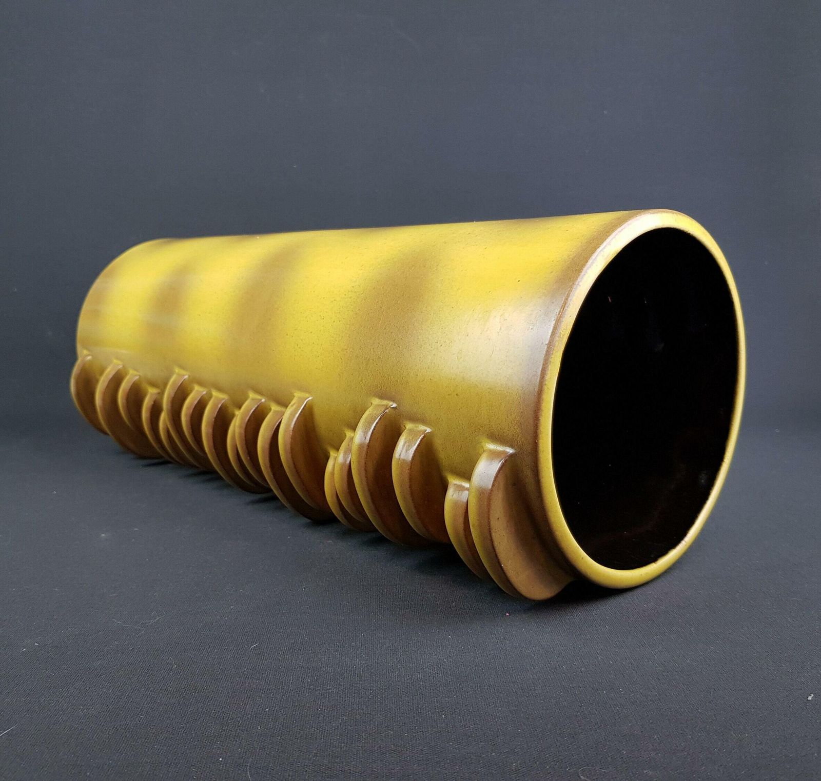Rare Xl Vintage Dumler Und Breiden Keramik Studio 61 43 Brown Yellow Floor Vase With Side Nubs "City"Decor 1970s photo for sale