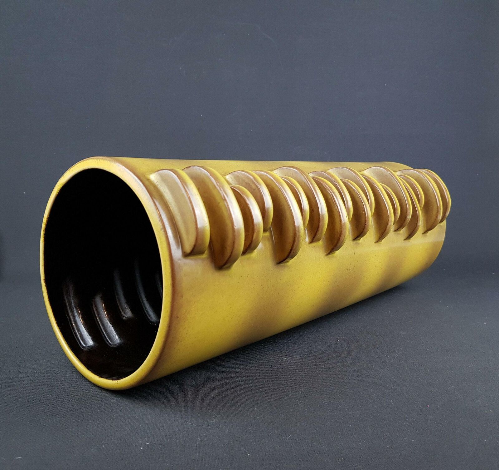 Rare Xl Vintage Dumler Und Breiden Keramik Studio 61 43 Brown Yellow Floor Vase With Side Nubs "City"Decor 1970s photo Home Decor