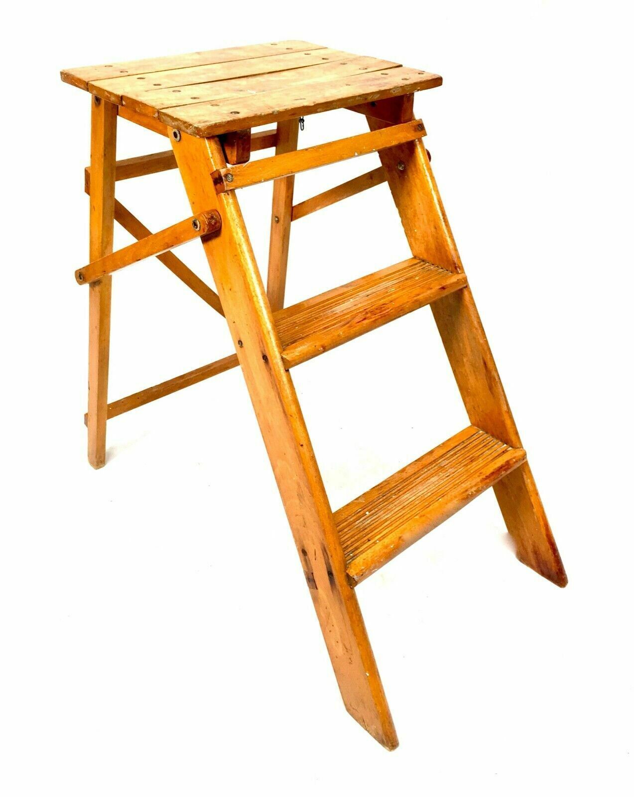 Antique 20th Century Wooden Household Stained Pine Folding Step Ladder photo 119.0