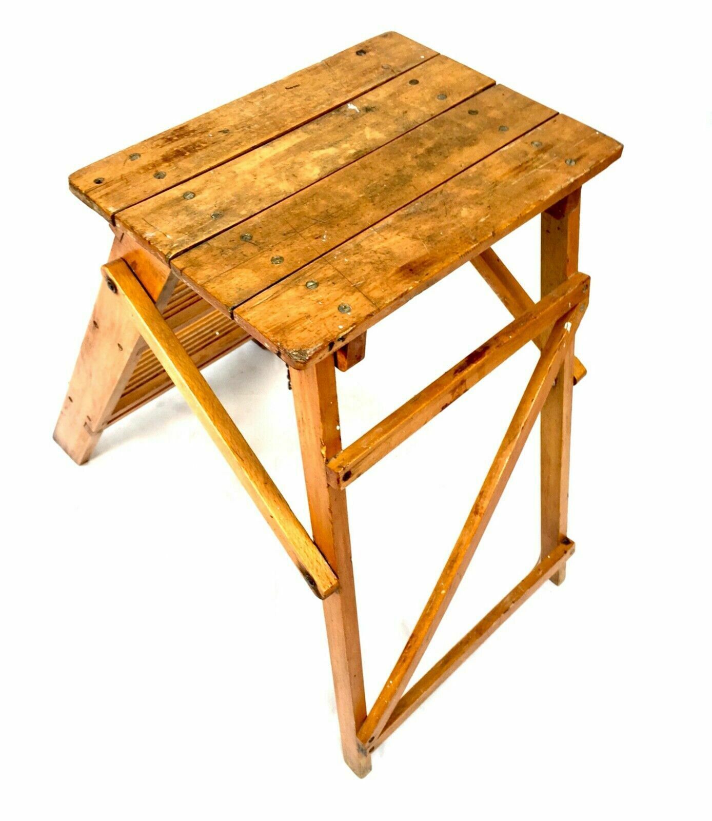 Antique 20th Century Wooden Household Stained Pine Folding Step Ladder photo buy