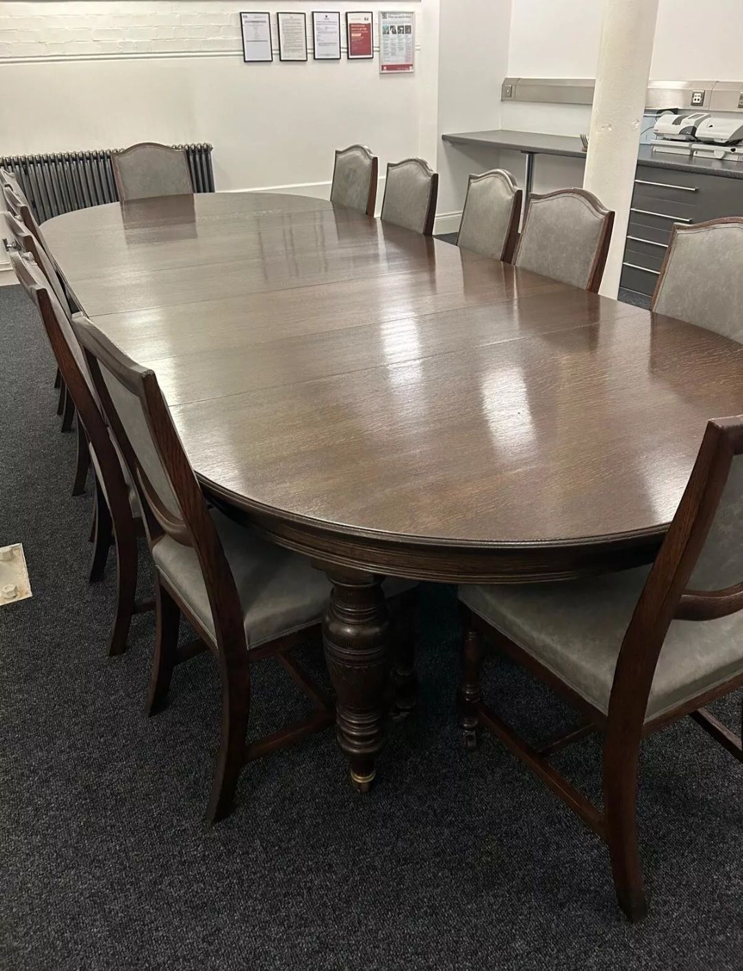 Antique Oak Dining Room/Boardroom Table & 12 Matching Chairs photo vinterior